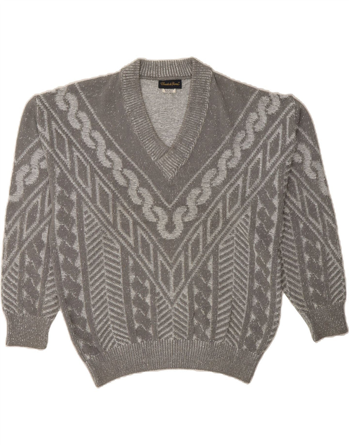 VINTAGE Mens V-Neck Jumper Sweater IT 50 Medium Grey Striped Acrylic Vintage Vintage and Second-Hand Vintage from Messina Hembry 
