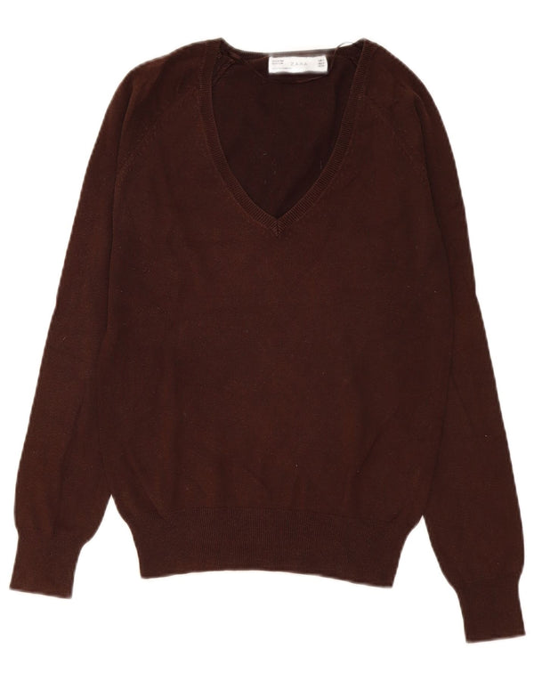 Zara Damen-Pullover mit V-Ausschnitt, UK 12, mittelbraune Baumwolle
