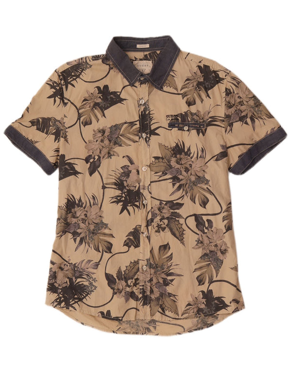 Guess Mens Short Sleeve Slim Fit Shirt UK 40 Medium Beige Floral Cotton