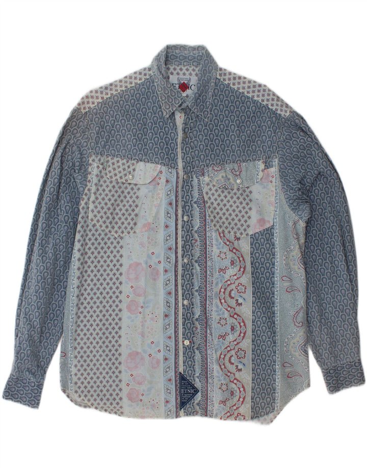 VINTAGE Mens Shirt Medium Blue Floral Cotton