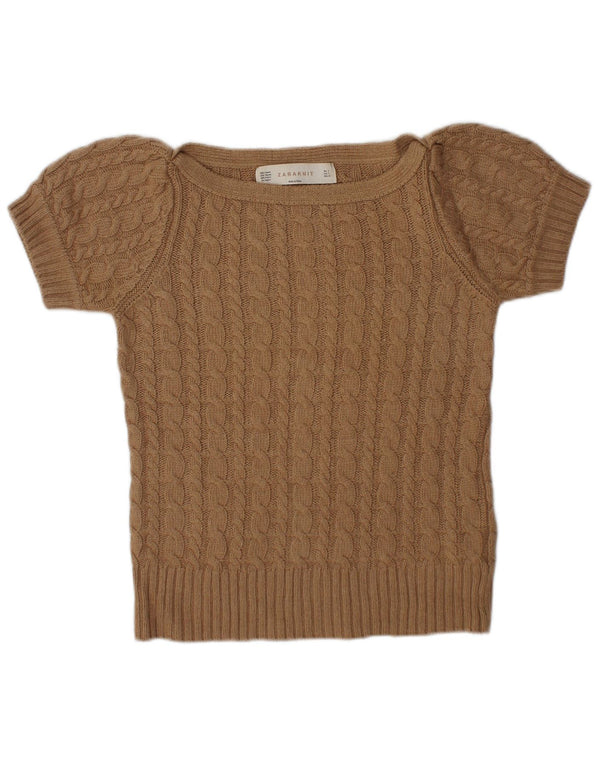 Zara Pull à manches courtes pour femme UK 10 Petit coton marron