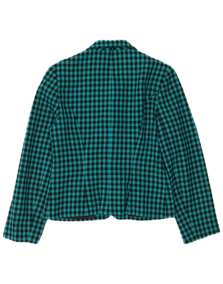 VINTAGE Dame 7 knapper Blazer Jacket UK 12 Medium Green Gingham Wool
