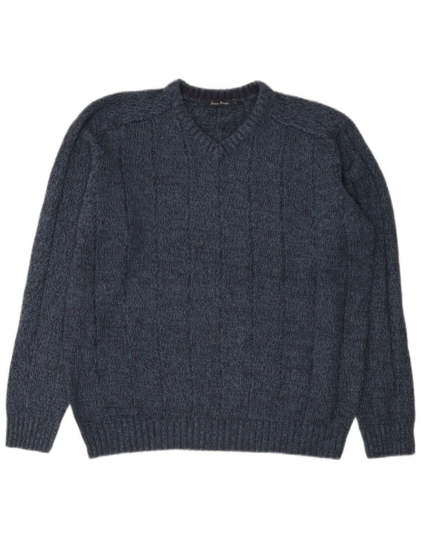 James Pringle Mens V-Neck Jumper Sweater Large Navy Blue Flecked Acrylic