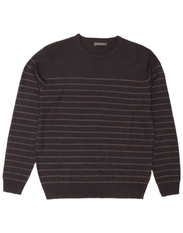 French Connection Mens Crew Neck Jumper Sweater Large Black Striped Acrylic