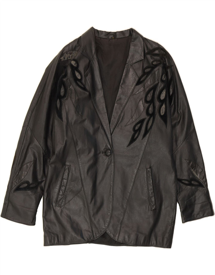 VINTAGE Womens Abstract Pattern Leather Coat EU 42 Large Black Leather Vintage Vintage and Second-Hand Vintage from Messina Hembry 
