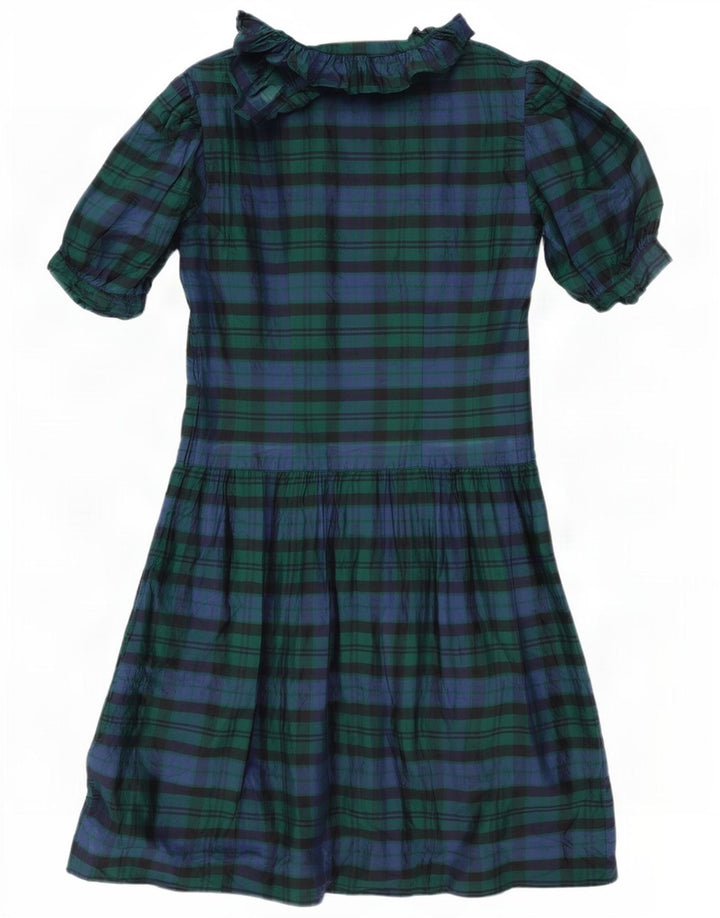 Abito vintage da donna a trapezio con volant sul davanti IT 42 Seta a quadri blu navy medio