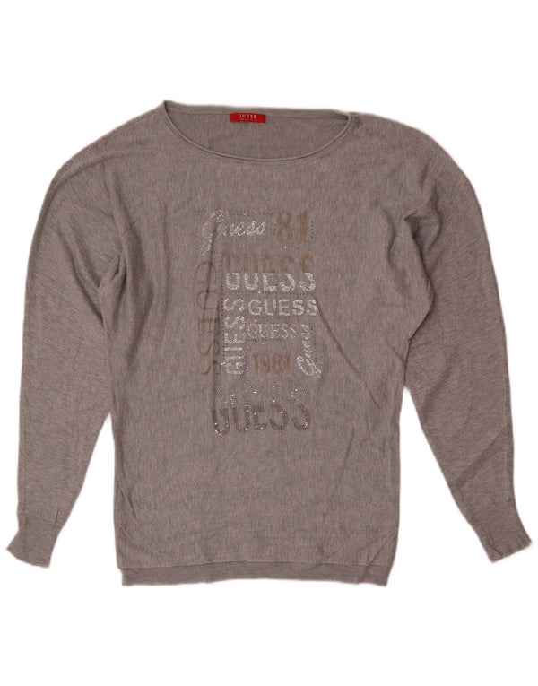 Guess Womens Grafisk Boat Neck Jumper Sweater UK 6 XS Grå Viscose