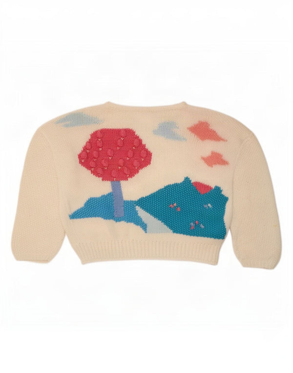 Vintage γυναικείο πουλόβερ με γραφικό Crop Boat Neck Jumper UK 14 Medium White