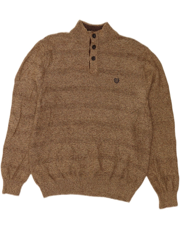 Chaps Mens Button Neck Jumper Sweater Large Brown Cotton