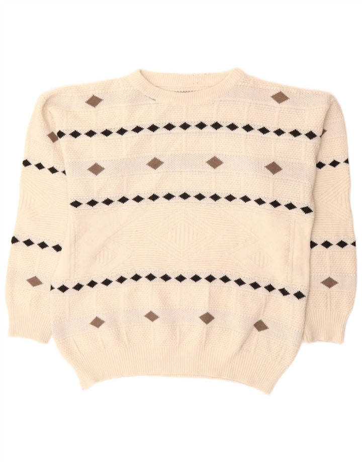 Vintage Mens Crew Neck Jumper Sweater XL White Argyle/Diamond
