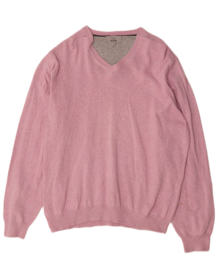 Marks & Spencer Mens V-Neck Jumper Sweater XL Pink Cotton