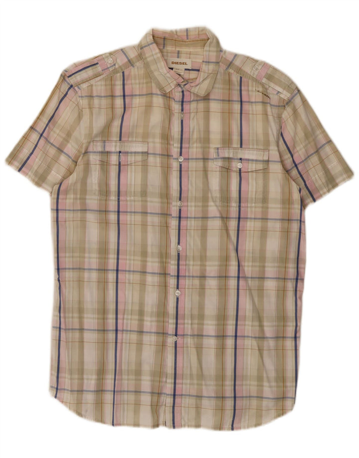 Diesel Mens Short Sleeve Shirt Large Beige Check Cotton