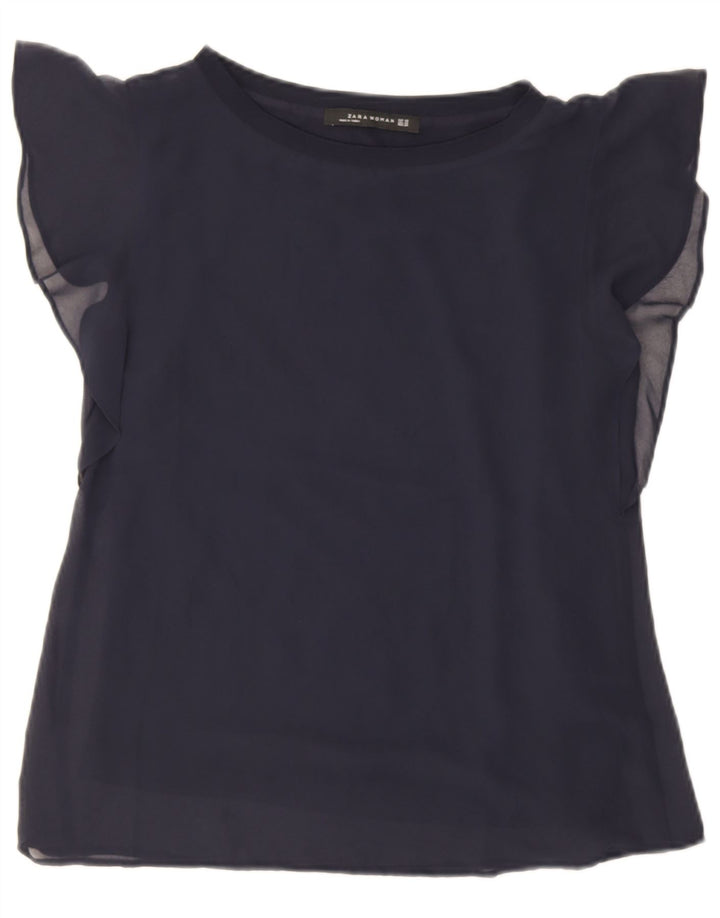 Zara Dame Oversized Bluse Top UK 6 XS Navy Blue Viscose