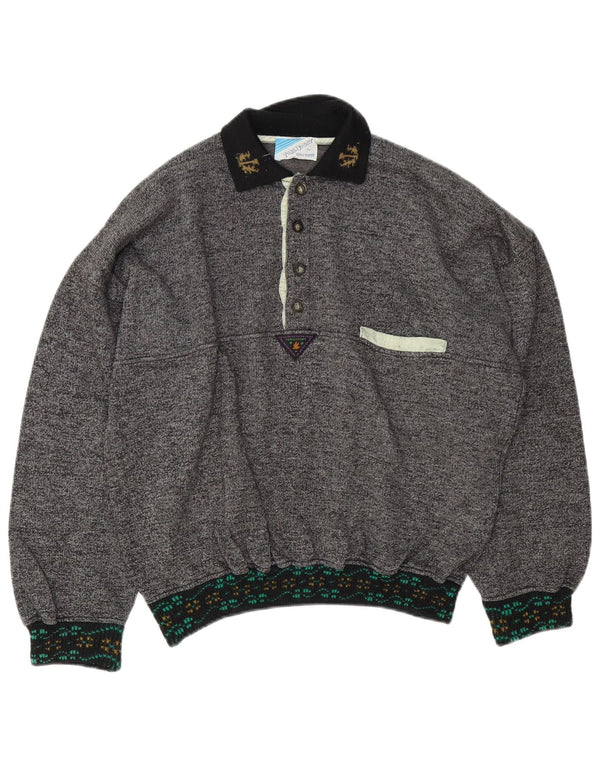 vintage Mens Polo Neck Sweatshirt Jumper XL Gris Moucheté Coton