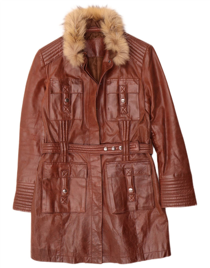 Cappotto in pelle vintage da donna UK 10 piccolo marrone