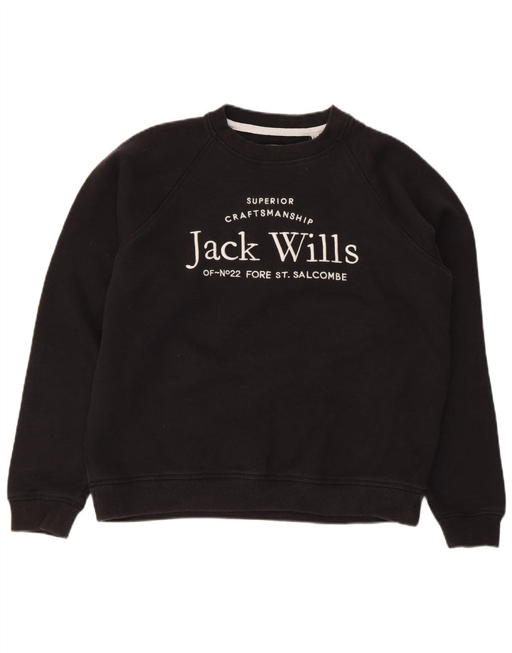 Jack Wills Womens Graphic Sweatshirt Jumper UK 12 Medium Black Cotton