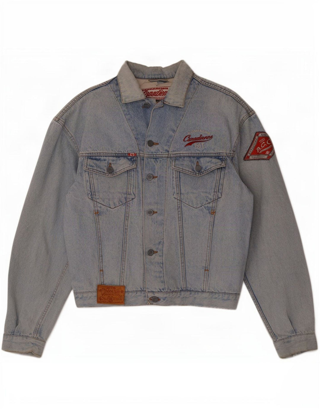 Compagnie Canadienne Mens Graphic Denim Jacket UK 38 Medium Blue