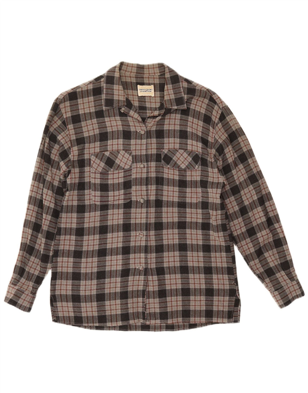 Benetton Womens Flannel Shirt UK 12 Medium Grey Check Viscose