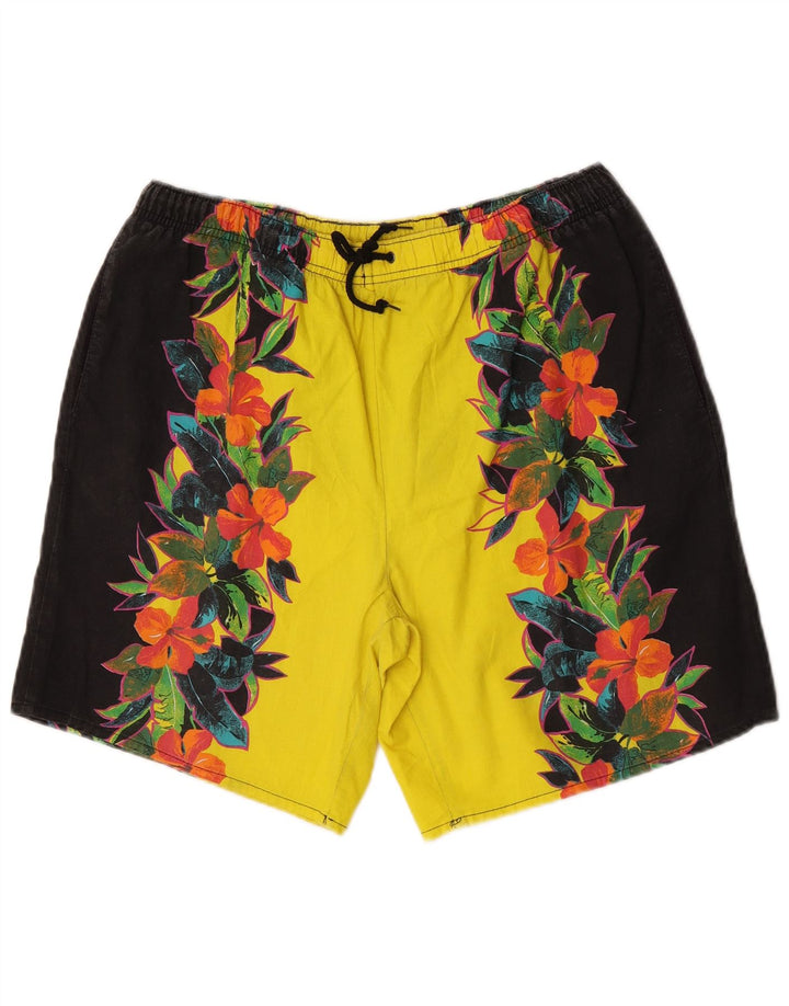 Vintage Mens Graphic Swimming Shorts Large  Yellow Floral Polyester