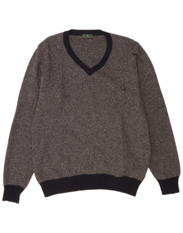 Fred Perry Mens V-Neck Jumper Sweater Large Navy Blue Spotted Wool
