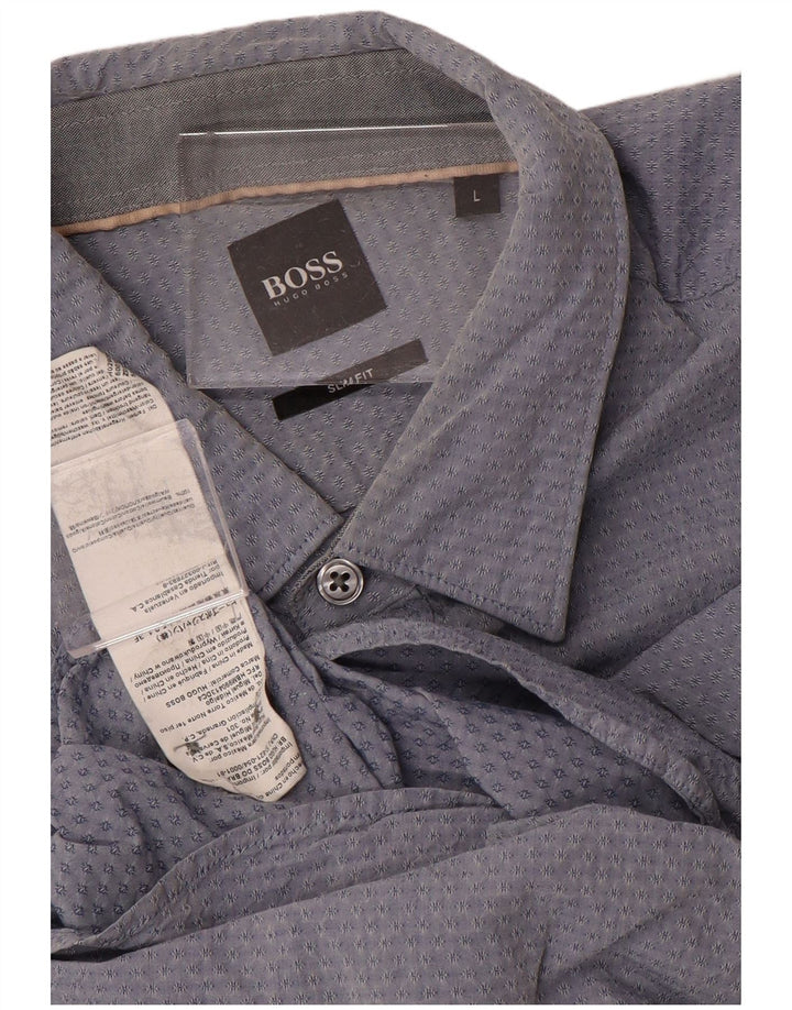 HUGO BOSS Mens Abstract Pattern Slim Fit Shirt Large Blue Cotton
