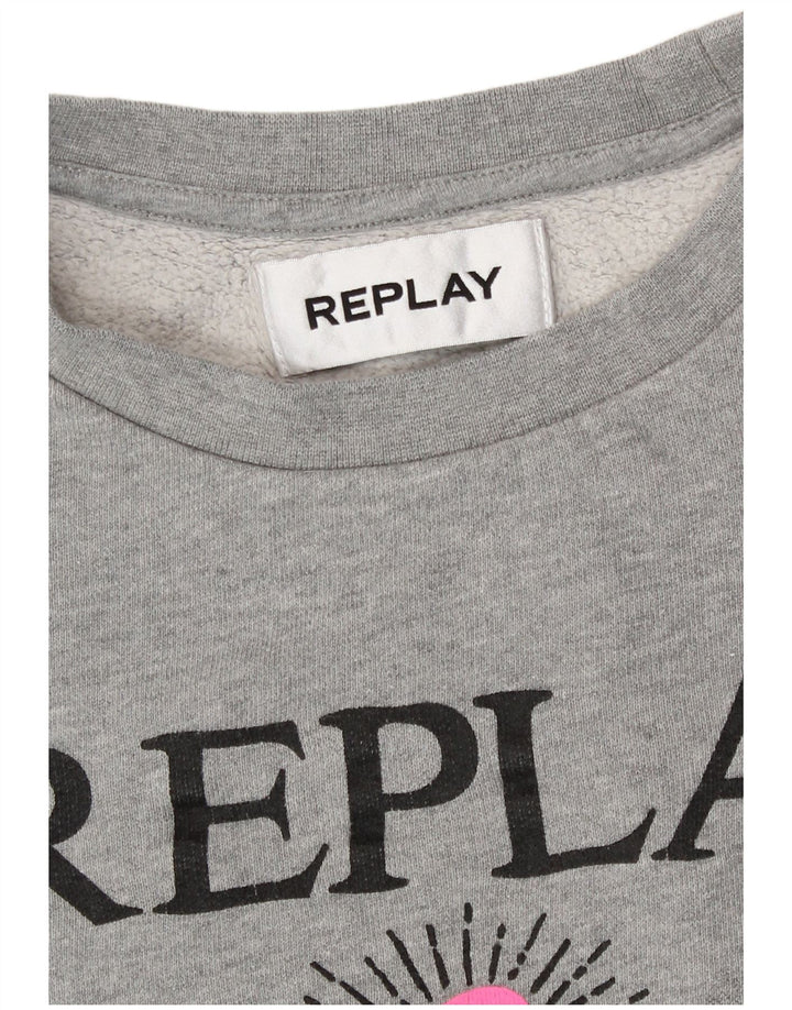 Replay Womens Crop Graphic Oversized Sweatshirt Jumper UK 14 Large Grey