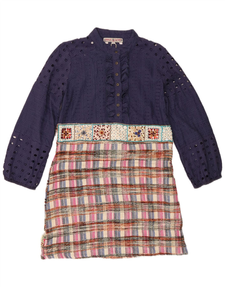 Vintage damska sukienka typu shift z falbaną z przodu UK 14, duży granatowy patchwork