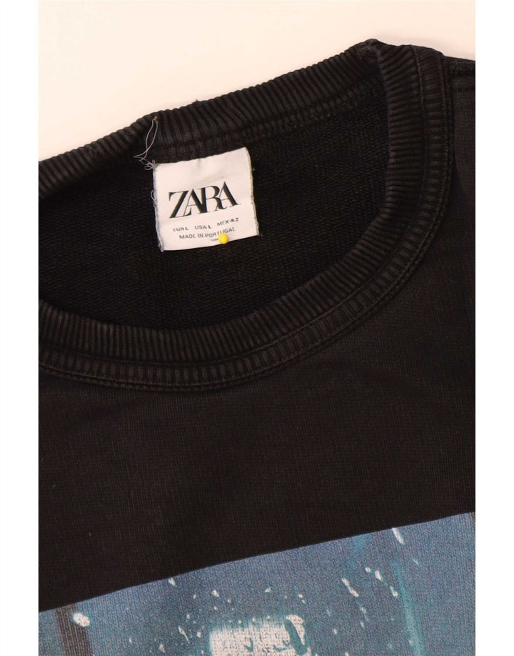Zara Mens Graphic Sweatshirt Jumper Large Black Cotton
