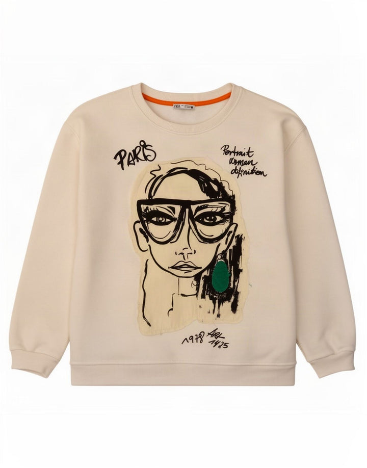 Zara Womens Grafisk Oversized Sweatshirt Jumper UK 10 Small White Polyester