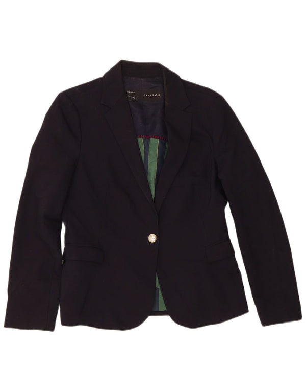 Jaqueta blazer feminina Zara com 1 botão Reino Unido 14 grande poliéster azul marinho