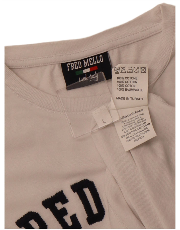 FRED MELLO Mens Graphic T-Shirt Top Large White Cotton
