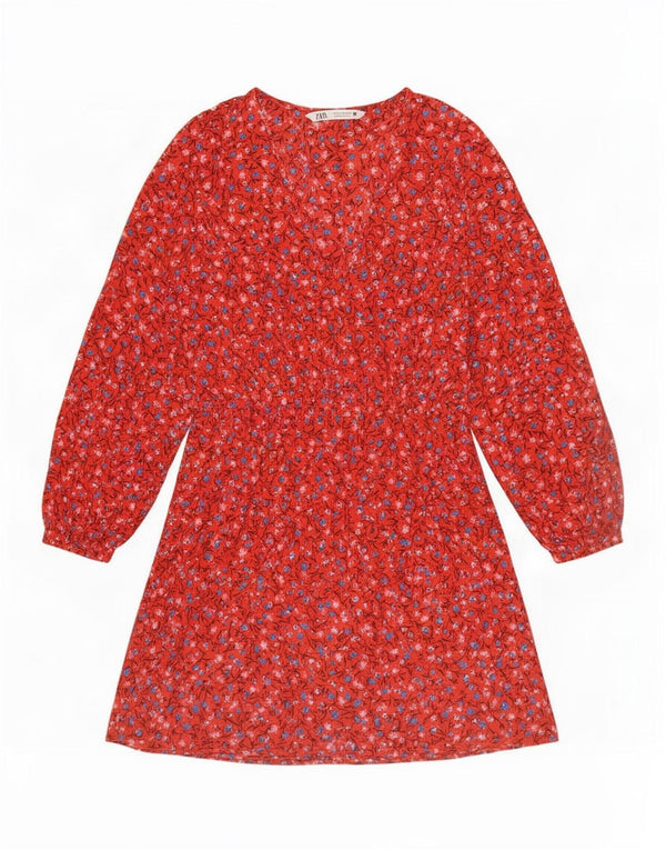 Женское многоярусное платье с рукавами 3/4 Zara UK 10, маленькое красное полиэстер с цветочным принтом