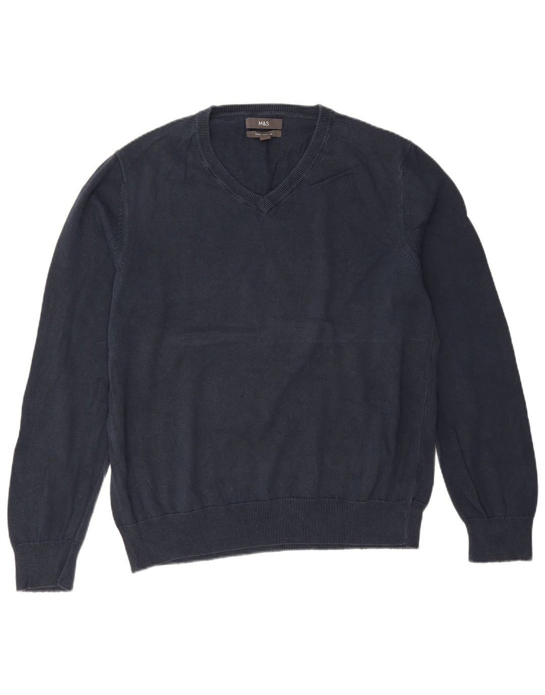 Marks & Spencer Mens V-Neck Jumper Sweater Large Navy Blue Cotton