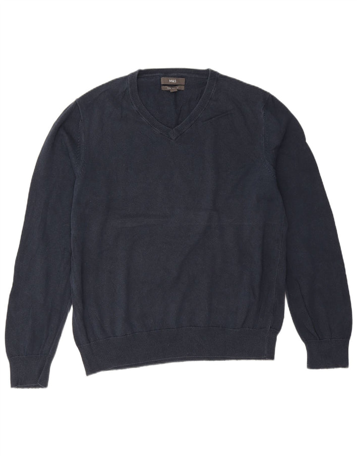 Marks & Spencer Mens V-Neck Jumper Sweater Large Navy Blue Cotton