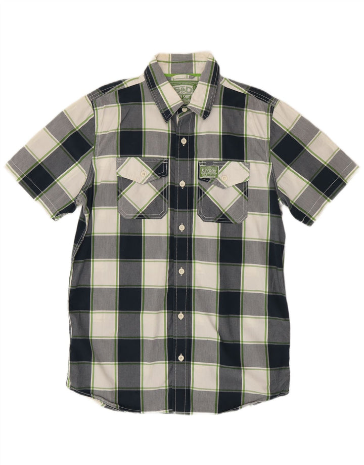 Superdry Mens Short Sleeve Shirt Large Navy Blue Check Cotton