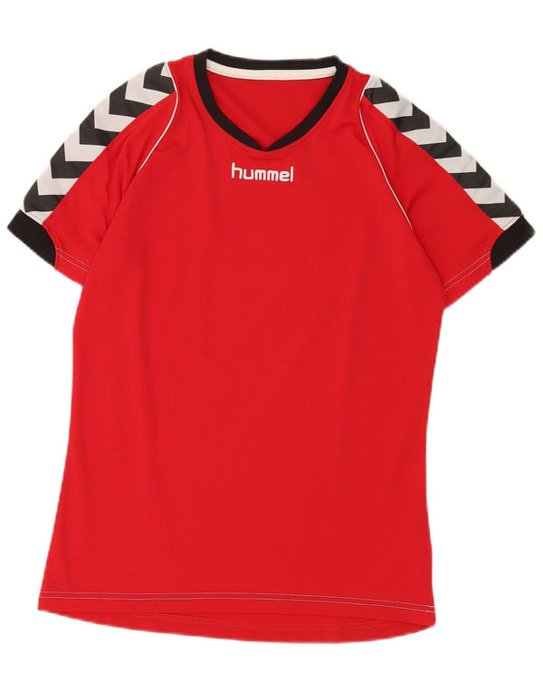 Camiseta masculina Hummel com estampa gráfica pequena em poliéster vermelho colorblock