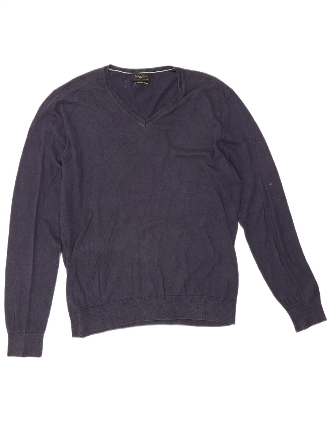 Zara Mens V-Neck Jumper Sweater Large Navy Blue Cotton