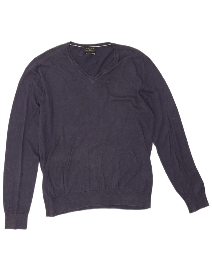 Zara Mens V-Neck Jumper Sweater Large Navy Blue Cotton