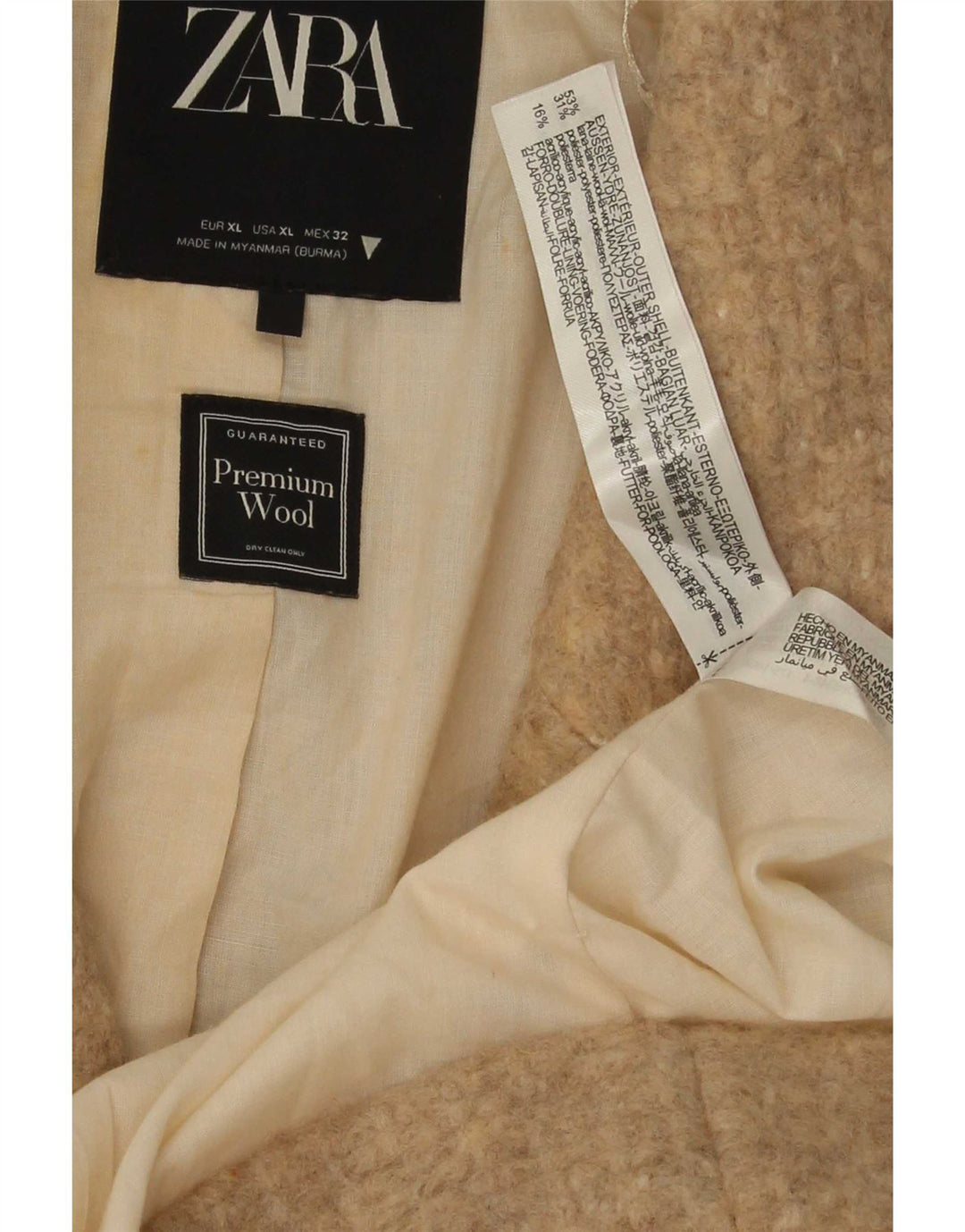 Zara Womens Double Breasted Coat UK 42 XL Beige Wool