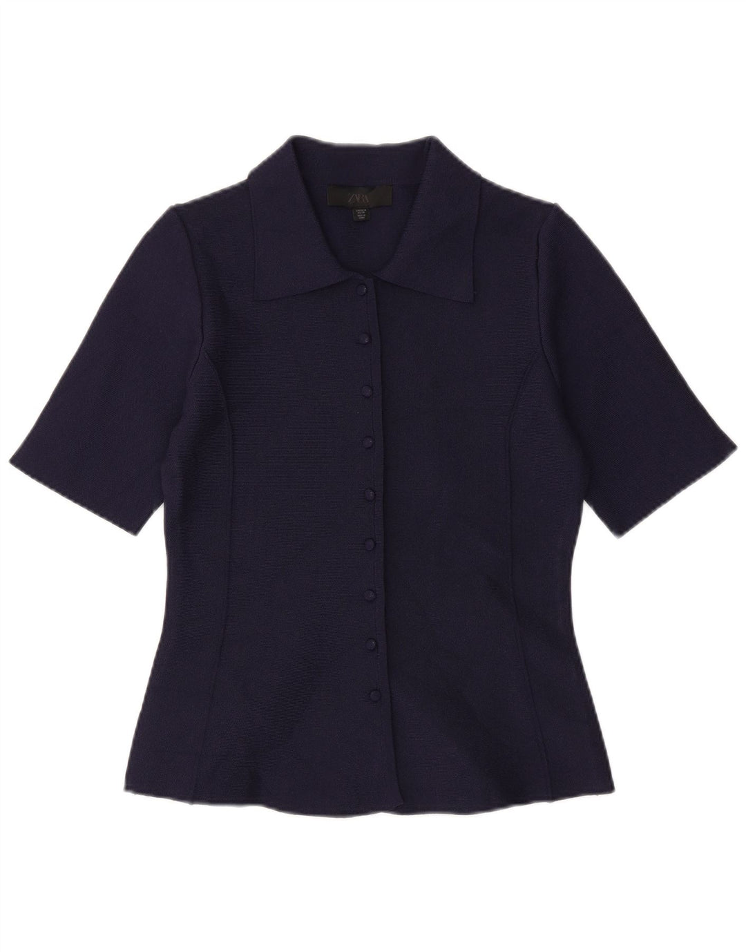 ZARA Kortærmet skjortebluse til kvinder UK 12 Mellem marineblå polyester