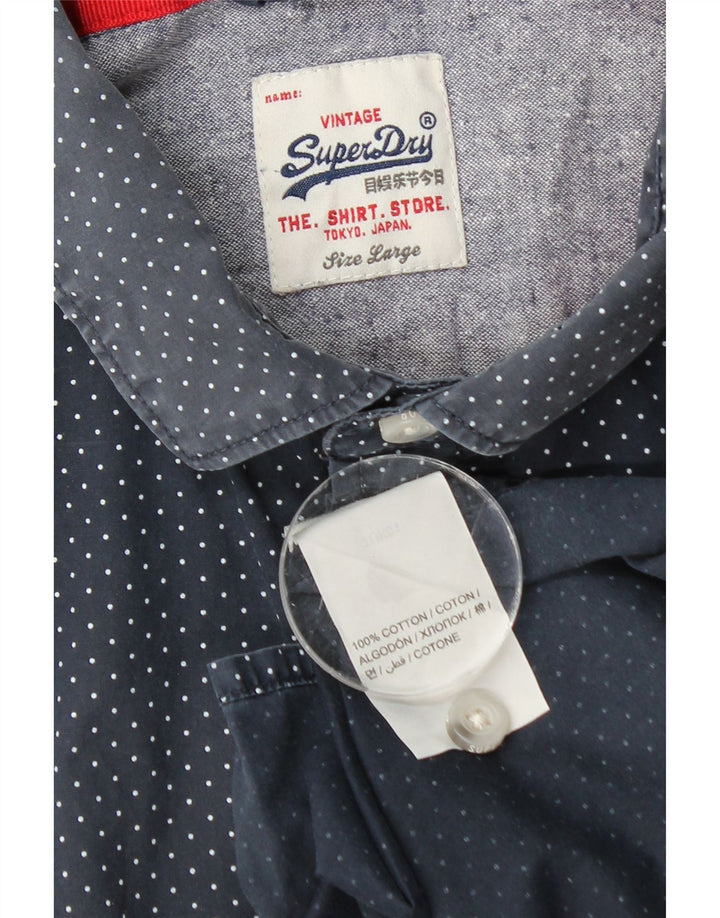 Superdry Mens Short Sleeve Shirt Large Navy Blue Spotted Cotton