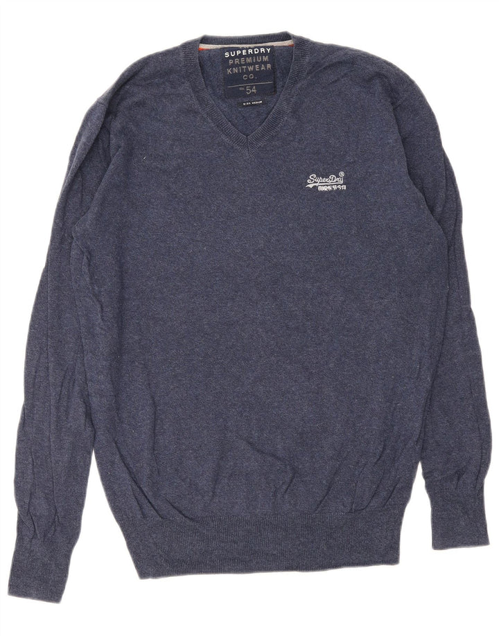 Superdry Mens V-Neck Jumper Sweater Medium Navy Blue Cotton
