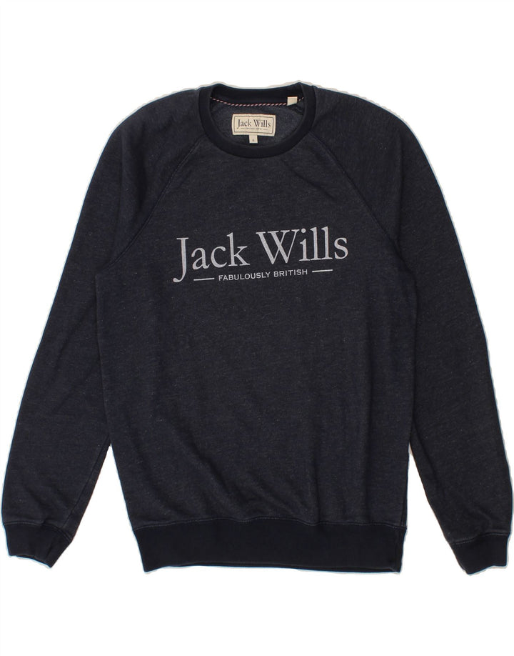 JACK WILLS Mens Graphic Sweatshirt Jumper Small Navy Blue Cotton Vintage Jack Wills and Second-Hand Jack Wills from Messina Hembry 