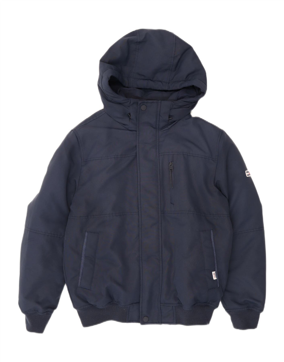 TOMMY HILFIGER Mens Hooded Padded Bomber Jacket UK 38 Medium Navy Blue Vintage Tommy Hilfiger and Second-Hand Tommy Hilfiger from Messina Hembry 