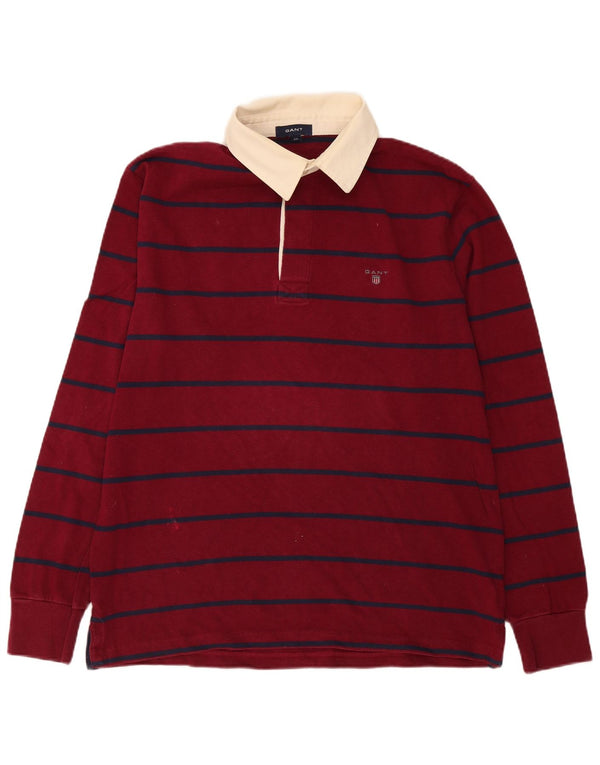 Gant Herren Langarm-Rugby-Poloshirt 2XL Burgunderrot gestreift aus Baumwolle