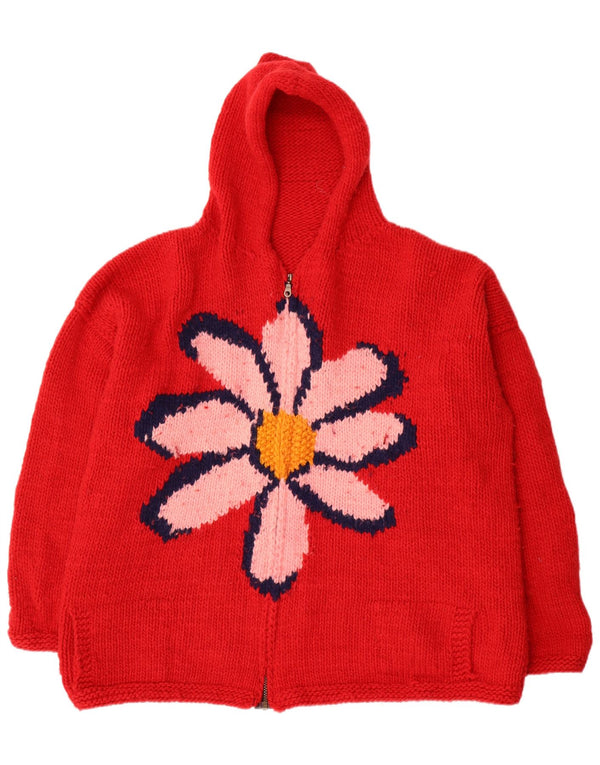 Maglione cardigan con cappuccio grafico da donna vintage UK 22 3XL rosso floreale