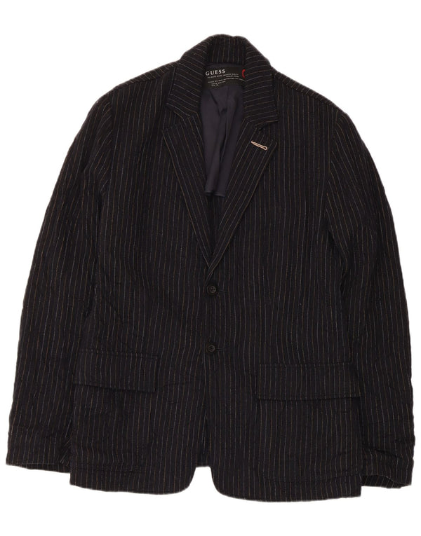 Guess Mens 2 Button Blazer Jacket UK 38 Medium Navy Blue Striped Wool