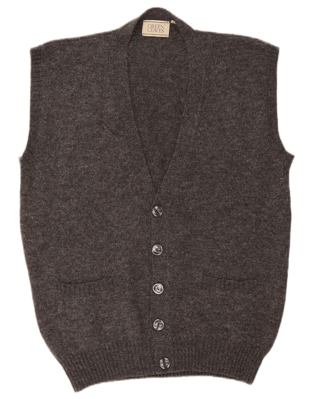 Green Leaves Mens Sleeveless Cardigan Sweater Medium Grey Wool