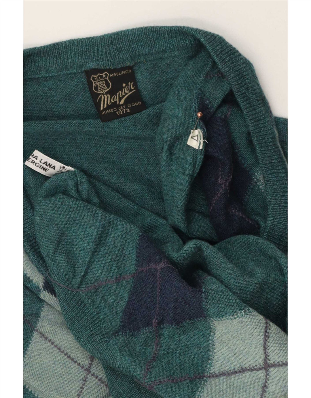 Mapier Herren-Pullover mit V-Ausschnitt, mittelgrüne Argyle-/Diamantwolle