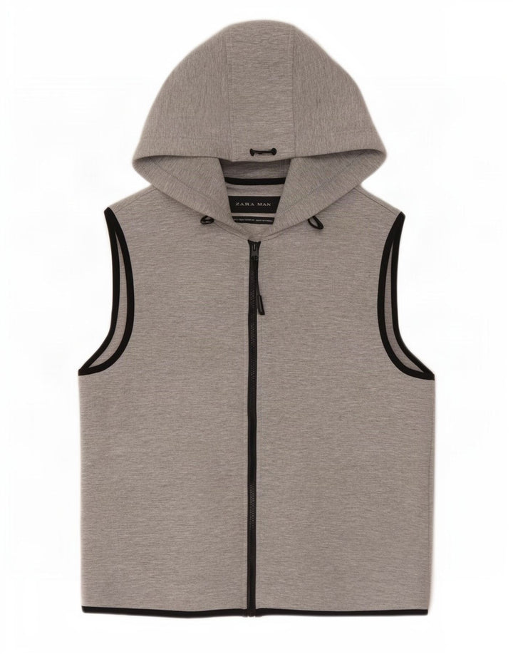 Zara Mens Sleeveless Zip Hoodie Sweater Small Grey Polyester